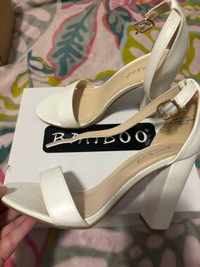 BAMBOO White Block Heel Ankle Strap Sandals